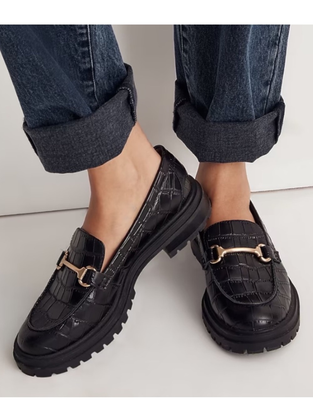 Madewell Bradley Size 7 Lugsole Loafer Croc Embossed Black Gold Horse bit